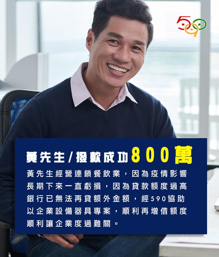 590當舖借款案例,黃先生撥款成功800萬,黃先生經營連鎖餐飲業,因為疫情影響,長期下來一直虧損,因